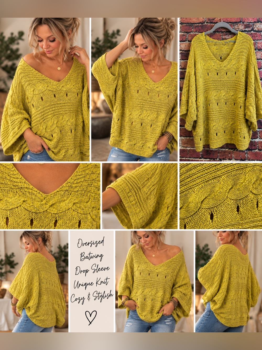 Mustard Yellow Cable Knit Oversized Boho Sweater Tunic XL